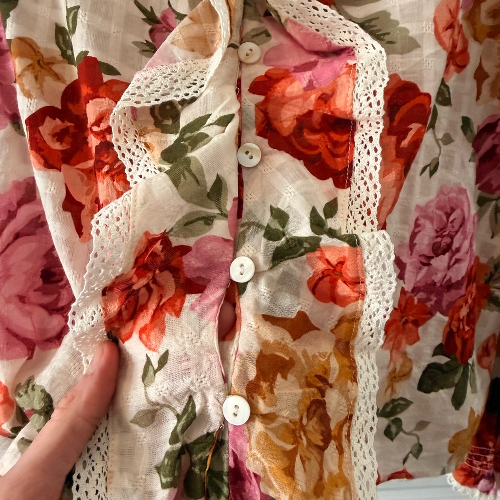 Floral Ruffle Button-Front Top in Multi Pink - Picture 2 of 6